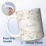 Personalized Custom Name Blue Floral Vintage Blossom Pattern Cream Background Seamless Lovely 11oz Ceramic Coffee Tea Mug White Large Handle