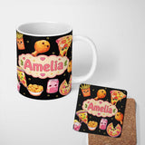 Personalized Custom Name Cute Kawaii Fast Food Pizza Chicken Soda Black Background Seamless 11oz Ceramic Coffee Tea Mug White Large Handle