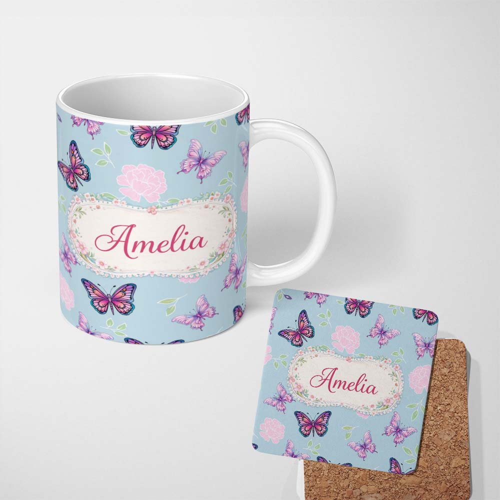 Personalized Custom Name Pink Purple Butterfly Floral Blue Background Seamless Pattern Lovely 11oz Ceramic Coffee Tea Mug White Large Handle