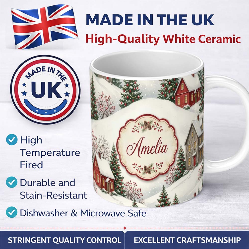 Personalized Custom Name Snowy Christmas Village Houses Winter Scene Seamless Pattern Lovely 11oz Ceramic Coffee Tea Mug White Large Handle