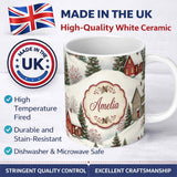 Personalized Custom Name Snowy Christmas Village Houses Winter Scene Seamless Pattern Lovely 11oz Ceramic Coffee Tea Mug White Large Handle