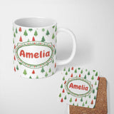 Personalized Custom Name Watercolor Mini Christmas Trees Red Green Holiday Seamless Pattern 11oz Ceramic Coffee Tea Mug White Large Handle