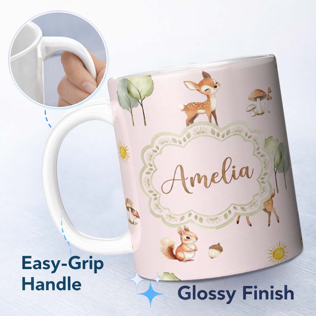 Personalized Custom Name Woodland Animals Deer Fox Squirrel Mushrooms on Blush Pink Seamless 11oz Ceramic Coffee Tea Mug White Large Handle