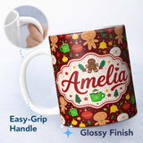 Personalized Custom Name Cute Gingerbread Man Snowman Baubles Festive Holiday Seamless Lovely 11oz Ceramic Coffee Tea Mug White Large Handle