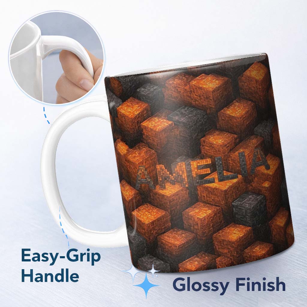 Personalized Custom Name Burnt Orange Grey 3D Cube Block Abstract Seamless Pattern Lovely 11oz Ceramic Coffee Tea Mug White Large Handle