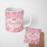 Personalized Custom Name Soft Pink Snowy Christmas Trees Winter Wonderland Seamless Pattern 11oz Ceramic Coffee Tea Mug White Large Handle