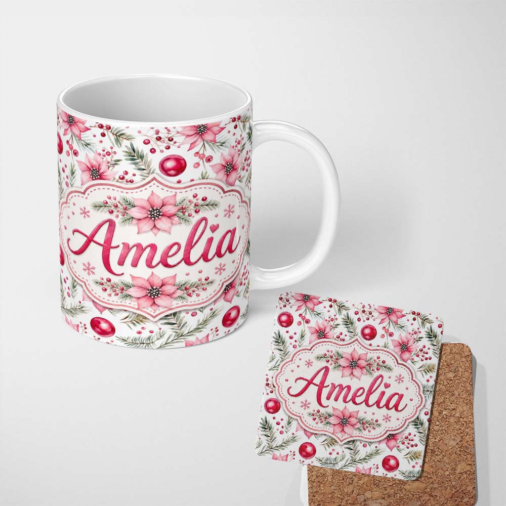 Personalized Custom Name Watercolor Pink Red Berries Pine Leaves Christmas Seamless Pattern 11oz Ceramic Coffee Tea Mug White Large Handle