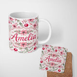 Personalized Custom Name Watercolor Pink Red Berries Pine Leaves Christmas Seamless Pattern 11oz Ceramic Coffee Tea Mug White Large Handle