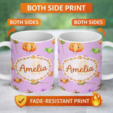 Personalized Custom Name Cute Watercolor Pumpkins and Candy Sweets on Sage Green Background 11oz Ceramic Coffee Tea Mug White Large Handle