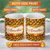 Personalized Custom Name Vibrant Autumn Leaf Pattern with Mixed Maple Leaves on Dark Lovely 11oz Ceramic Coffee Tea Mug White Large Handle