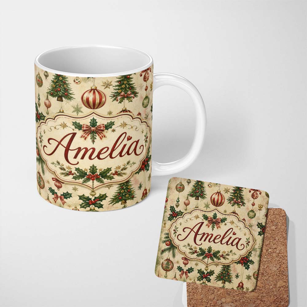 Personalized Custom Name Classic Christmas Baubles Trees and Snowflakes Festive Pattern 11oz Ceramic Coffee Tea Mug White Large Handle