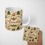 Personalized Custom Name Classic Christmas Baubles Trees and Snowflakes Festive Pattern 11oz Ceramic Coffee Tea Mug White Large Handle