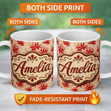 Personalized Custom Name Grunge Red Floral Splash Abstract Seamless Pattern Cute Unique Gift 11oz Ceramic Coffee Tea Mug White Large Handle