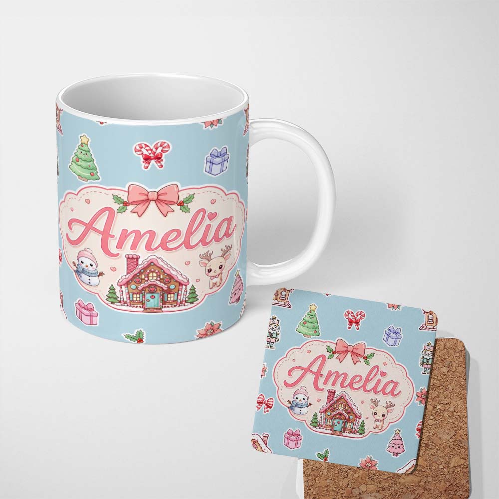 Personalized Custom Name Cute Christmas Festive Stickers Snowman Tree House Pattern Blue 11oz Ceramic Coffee Tea Mug White Large Handle