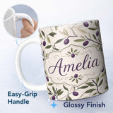 Personalized Custom Name Olive Branch Purple Fruit Botanical Minimal Seamless Pattern Lovely 11oz Ceramic Coffee Tea Mug White Large Handle
