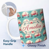 Personalized Custom Name Flamingo Island Sunset Scene Seamless Pattern Cute Unique Gift 11oz Ceramic Coffee Tea Mug White Large Handle
