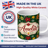 Personalized Custom Name Cute Gingerbread Candy Cane Bauble Flower Seamless Pattern Xmas 11oz Ceramic Coffee Tea Mug White Large Handle