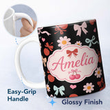Personalized Custom Name Cute Cherry Bow Daisy Heart Seamless Pattern on Black Background 11oz Ceramic Coffee Tea Mug White Large Handle