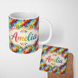 Personalized Custom Name Horizontal Rainbow Ripple Wave Lines Seamless Pattern Lovely 11oz Ceramic Coffee Tea Mug White Large Handle