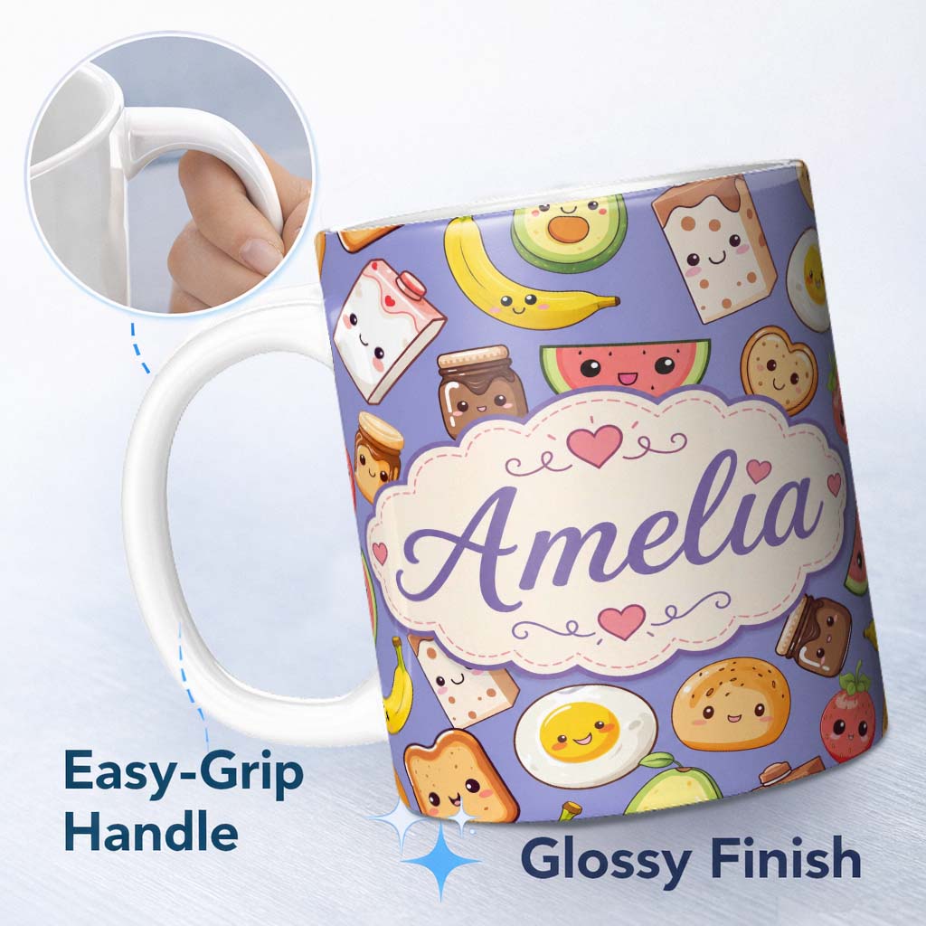 Personalized Custom Name Cute Kawaii Breakfast Food Seamless Pattern Purple Background Fun 11oz Ceramic Coffee Tea Mug White Large Handle