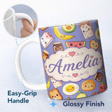 Personalized Custom Name Cute Kawaii Breakfast Food Seamless Pattern Purple Background Fun 11oz Ceramic Coffee Tea Mug White Large Handle