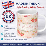 Personalized Custom Name Strawberry Cherry Daisy Seamless Pattern Beige Cute Coquette Floral 11oz Ceramic Coffee Tea Mug White Large Handle
