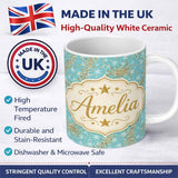Personalized Custom Name Light Blue Snowflake Gold Star Glitter Seamless Pattern Design 11oz Ceramic Coffee Tea Mug White Large Handle