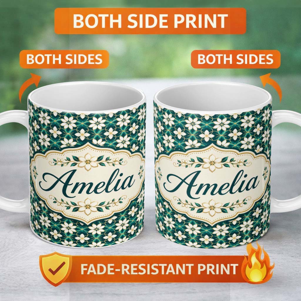 Personalized Custom Name Elegant White Floral Lattice on Teal Geometric Background Seamless 11oz Ceramic Coffee Tea Mug White Large Handle