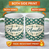 Personalized Custom Name Elegant White Floral Lattice on Teal Geometric Background Seamless 11oz Ceramic Coffee Tea Mug White Large Handle