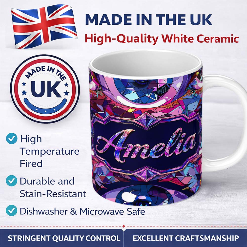 Personalized Custom Name Colorful Geometric Eye Mosaic Seamless Pattern Modern Abstract 11oz Ceramic Coffee Tea Mug White Large Handle
