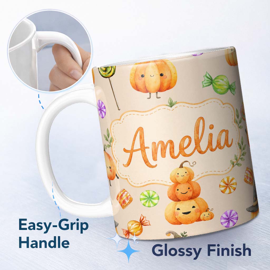Personalized Custom Name Cute Watercolor Pumpkins and Candy Sweets on Soft Lilac Background 11oz Ceramic Coffee Tea Mug White Large Handle