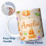 Personalized Custom Name Cute Watercolor Pumpkins and Candy Sweets on Soft Lilac Background 11oz Ceramic Coffee Tea Mug White Large Handle