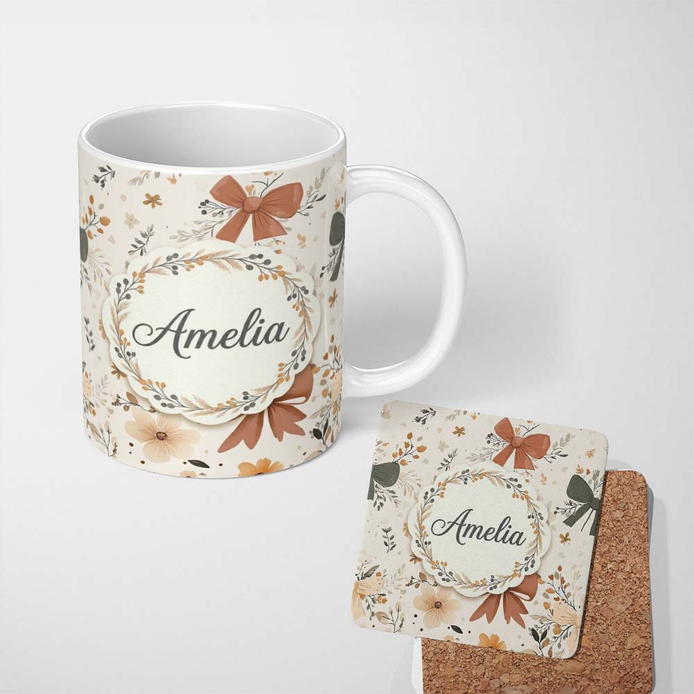 Personalized Custom Name Neutral Beige Bows with Soft Floral Botanical Design Seamless Lovely 11oz Ceramic Coffee Tea Mug White Large Handle