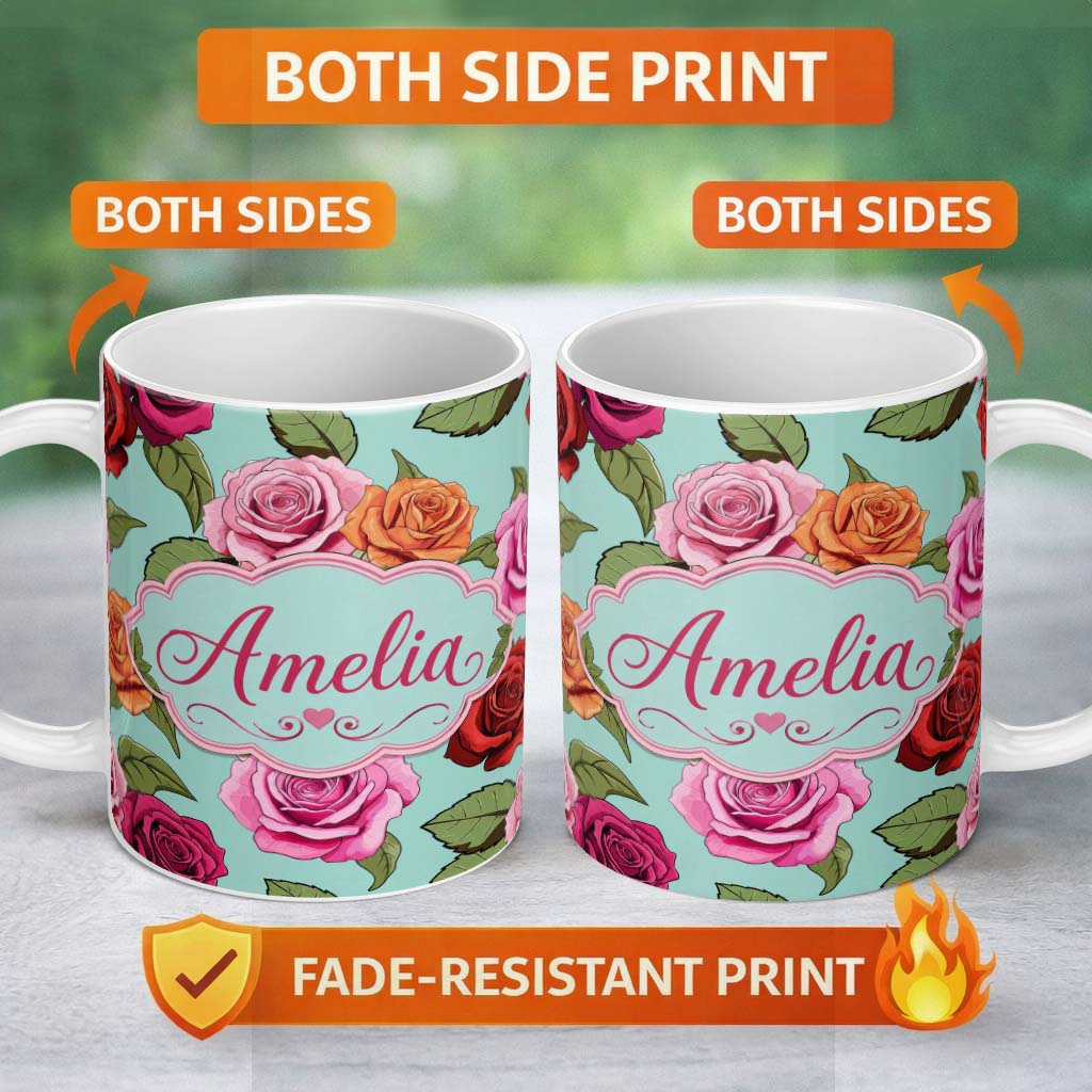Personalized Custom Name Colorful Roses on Soft Mint Background Seamless Floral Pattern 11oz Ceramic Coffee Tea Mug White Large Handle