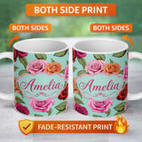 Personalized Custom Name Colorful Roses on Soft Mint Background Seamless Floral Pattern 11oz Ceramic Coffee Tea Mug White Large Handle