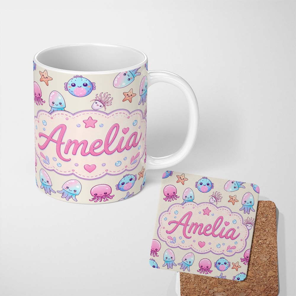 Personalized Custom Name Kawaii Jellyfish Starfish and Sea Creatures Pastel Beige Background 11oz Ceramic Coffee Tea Mug White Large Handle