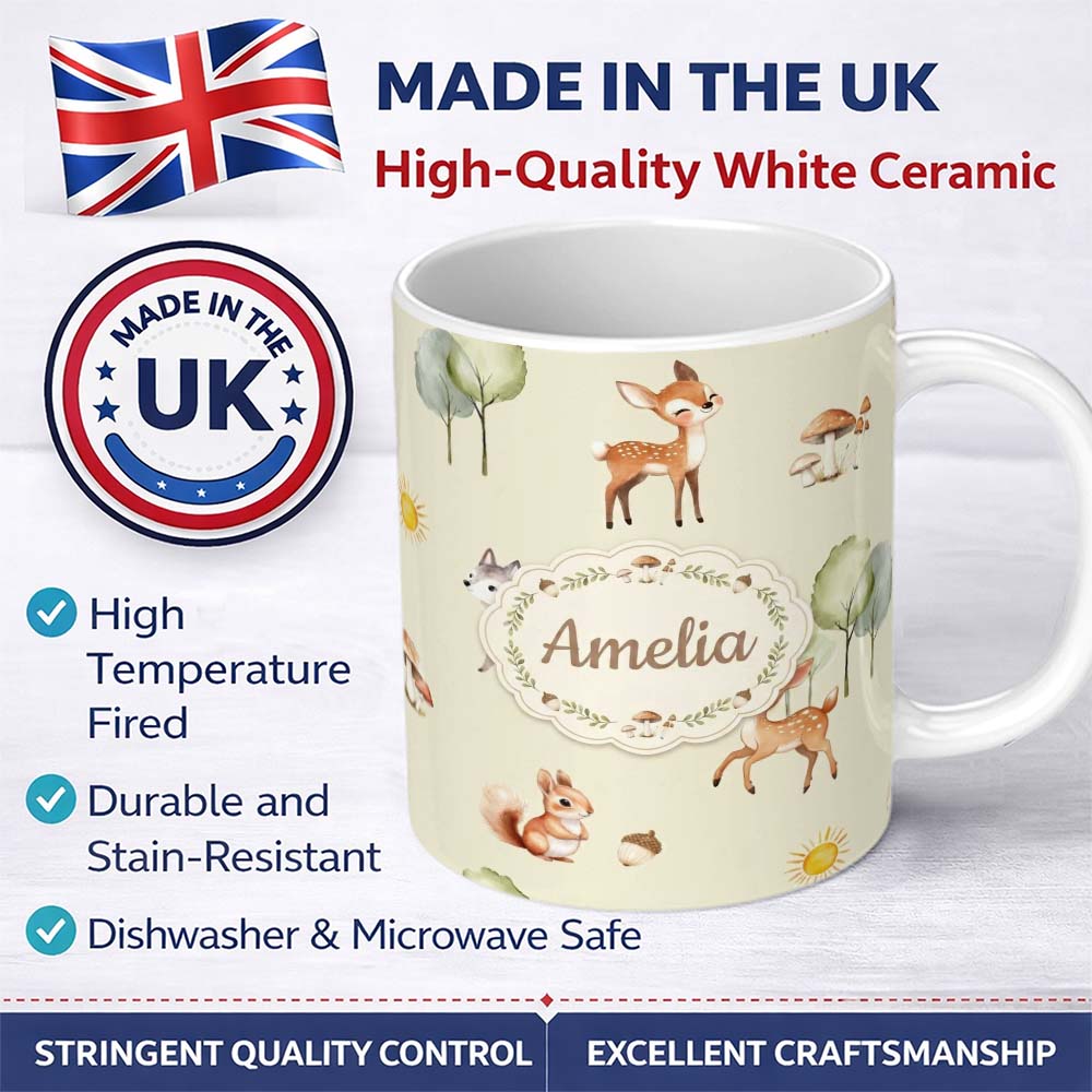 Personalized Custom Name Cute Woodland Deer Fox Mushroom Seamless Pattern on Cream Background 11oz Ceramic Coffee Tea Mug White Large Handle