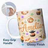 Personalized Custom Name Cute Halloween Donuts Sweets Spooky Treats Beige Background 11oz Ceramic Coffee Tea Mug White Large Handle