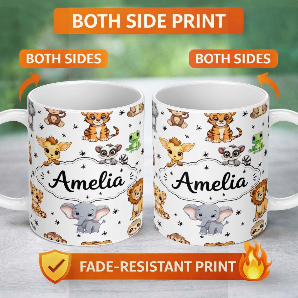 Personalized Custom Name Cute Jungle Baby Animals Lion Tiger Elephant Giraffe Pattern Grey 11oz Ceramic Coffee Tea Mug White Large Handle