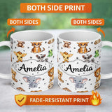 Personalized Custom Name Cute Jungle Baby Animals Lion Tiger Elephant Giraffe Pattern Grey 11oz Ceramic Coffee Tea Mug White Large Handle