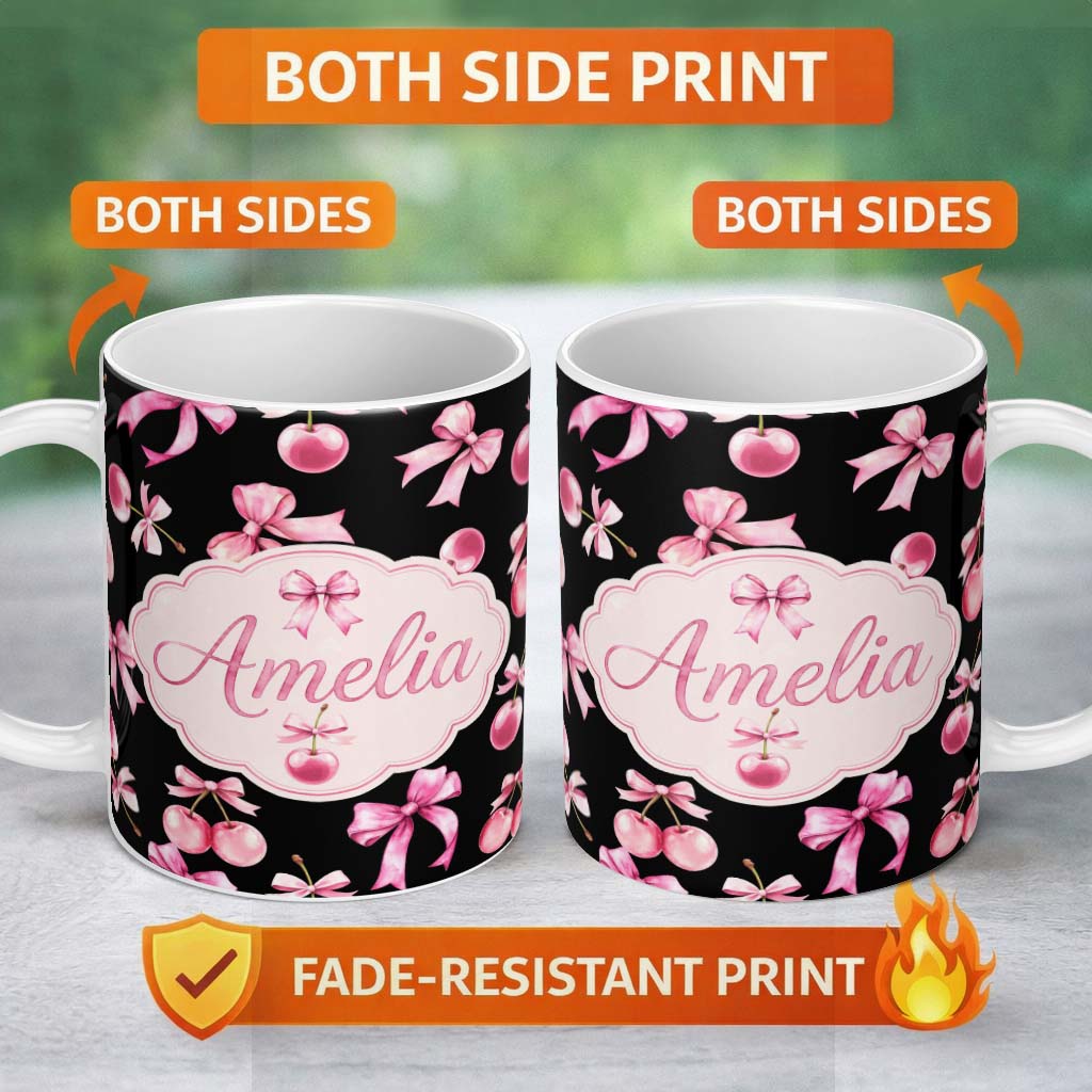 Personalized Custom Name Watercolor Pink Cherry Ribbon Bow Seamless Pattern Light Grey Lovely 11oz Ceramic Coffee Tea Mug White Large Handle