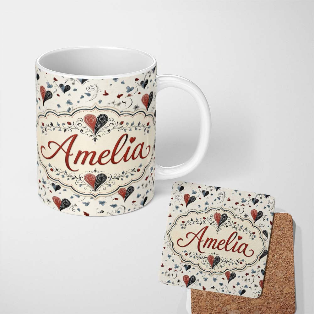 Personalized Custom Name Elegant Abstract Heart Swirl and Floral Motif Seamless Pattern 11oz Ceramic Coffee Tea Mug White Large Handle