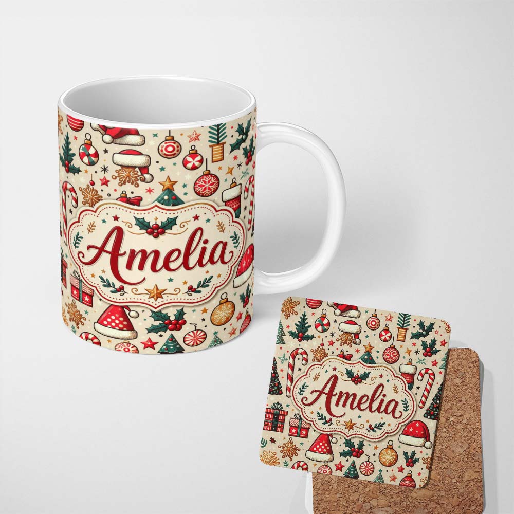 Personalized Custom Name Cute Christmas Tree Santa Hat Stocking Candy Cane Seamless Pattern 11oz Ceramic Coffee Tea Mug White Large Handle