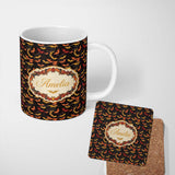 Personalized Custom Name Halloween Bats in Orange Yellow and Black Seamless Pattern Lovely 11oz Ceramic Coffee Tea Mug White Large Handle