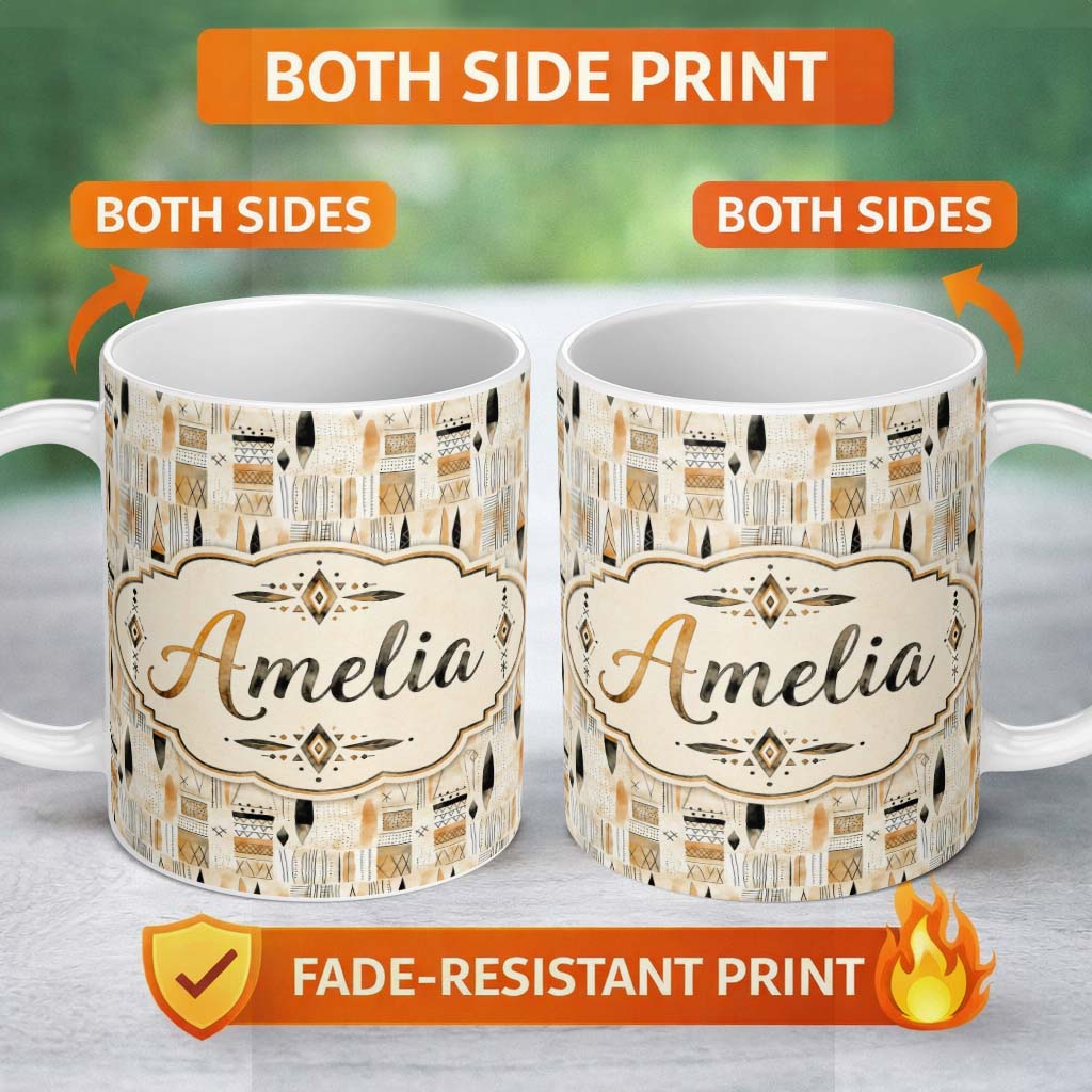 Personalized Custom Name Neutral Tribal Geometric Shapes Earth Tone Watercolor Seamless 11oz Ceramic Coffee Tea Mug White Large Handle