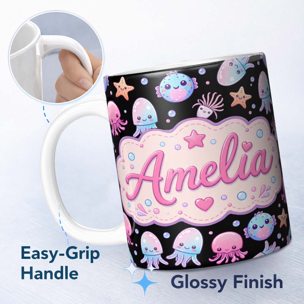 Personalized Custom Name Kawaii Jellyfish Starfish and Cute Sea Creatures Black Background 11oz Ceramic Coffee Tea Mug White Large Handle