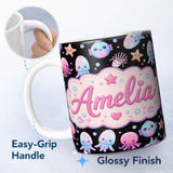 Personalized Custom Name Kawaii Jellyfish Starfish and Cute Sea Creatures Black Background 11oz Ceramic Coffee Tea Mug White Large Handle