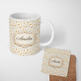 Personalized Custom Name Soft Beige Daisy Floral Botanical Seamless Pattern Cute Unique Gift 11oz Ceramic Coffee Tea Mug White Large Handle