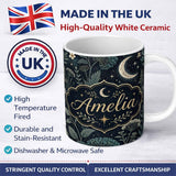 Personalized Custom Name Dark Botanical Moon Stars Night Meadow Seamless Pattern Lovely 11oz Ceramic Coffee Tea Mug White Large Handle