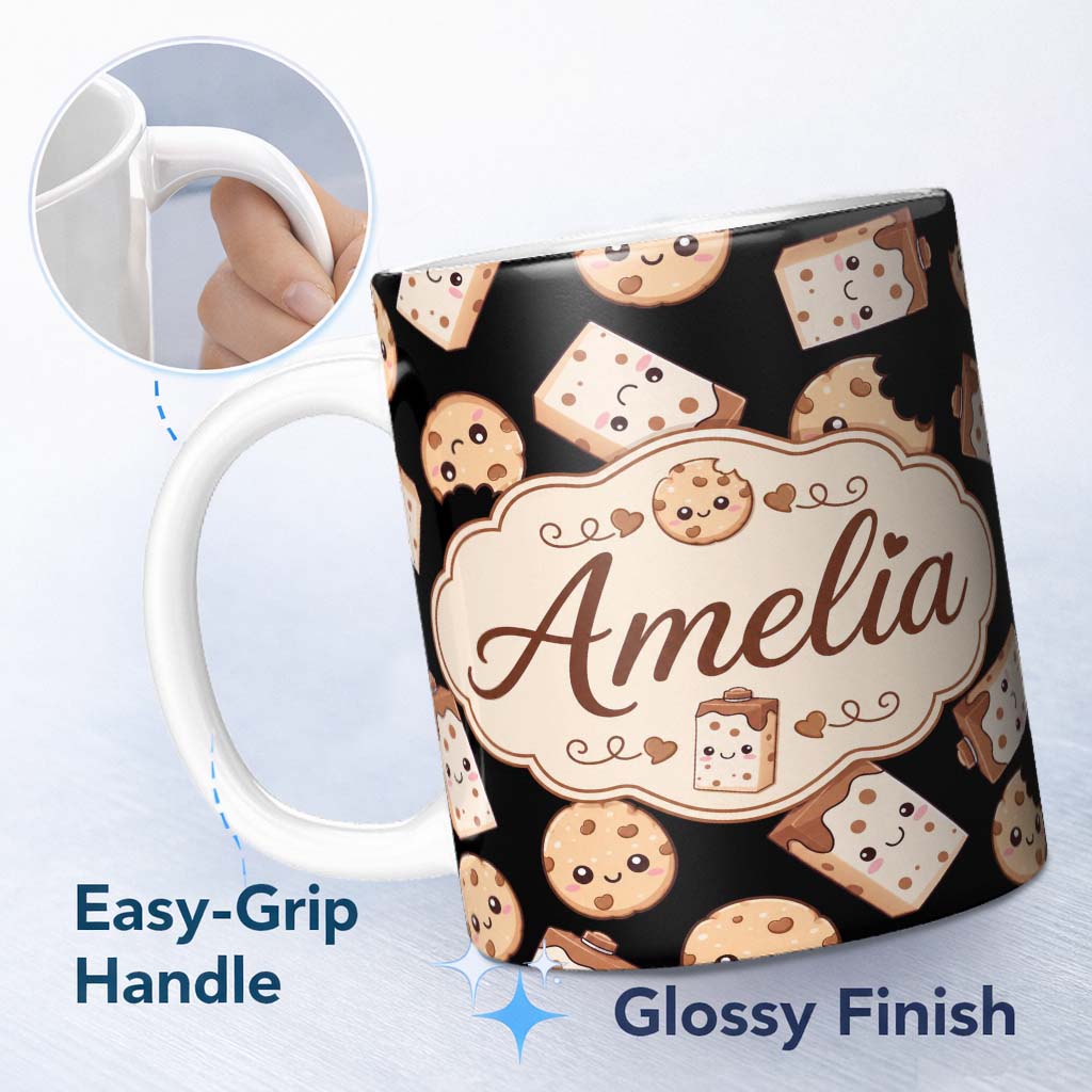 Personalized Custom Name Cute Kawaii Cookies and Milk Seamless Pattern Sweet Treats Lovely 11oz Ceramic Coffee Tea Mug White Large Handle